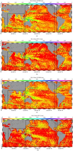 Figure 1. The global sea level anomaly (SLA) map from (a) AVISO and (b) Haiyang-2 (HY-2) on 1 February 2022 and the global SLA map from (c) AVISO and (d) Haiyang-2 (HY-2) on 15 July 2022. The black lines represent the boundary of the three oceans.