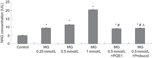 FIGURE 2. MG cytotoxicity and protective effects of antioxidants from cytotoxicity induced by MG in HK-2 cells. Six groups of HK-2 cells were treated with medium only, MG (0.25, 0.5, or 1 mmol/L), MG (0.5 mmol/L) + PGE1 (2 μg/L), and MG (0.5 mmol/L) + probucol (20 μmol/L), for 24 h. NAG release in the supernatant was determined. Values are presented as mean ± SEM (n = 8). *p < 0.01 versus control, #p < 0.01 versus MG 0.5 mmol/L group, Δp < 0.05 versus MG (0.5 mmol/L) + PGE1 (2 μg/L) group.