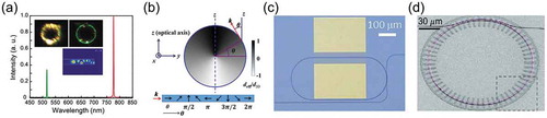 Figure 3. SHG and PM schemes in LNOI WGM microresonators. (a) Intermodal PM. Adapted with permission from [Citation77] © The Optical Society. (b) cyclic QPM. The variations of of a TE-polarized mode. Adapted with permission from [Citation38] © The American Physical Society. Direct QPM in (c) racetrack and (d) circular microrings . Adapted with permission from [Citation41, Citation42] © The Optical Society