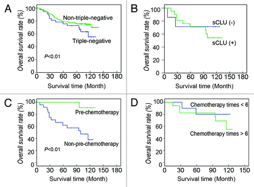 Figure 2. Survival of TN and non-TN breast cancer patients. (A) Overall survival rate of TN and non-TN breast cancer patients. At the end of the follow-up, 62.2% of TN patients survive, which is significantly less than that of non-TN patients. Kaplan-Meier survival analysis shows that the outcome of TN breast cancer is poorer than that of non-TN breast cancer (χ2 = 4.595, p = 0.032). (B) Effect of sCLU expression on TN breast cancer survival. In TN breast cancer patients, 70% of the sCLU-negative patients survive, whereas it is only 50% in the sCLU-positive group. (C) Effect of prechemotherapy on TN breast cancer survival. The survival rate of TN breast cancer patients pretreated with chemotherapy is nearly 90%, whereas it is less than 40% in the non-pretreatment group. Kaplan-Meier survival analysis shows that the difference is statistically significant (χ2 = 6.716, p = 0.010). (D) Effect of chemotherapy frequency after surgery on TN breast cancer survival. Approximately 80% of the patients that underwent less chemotherapy survive, whereas the survival rate of patients that underwent more chemotherapy is about 50%.