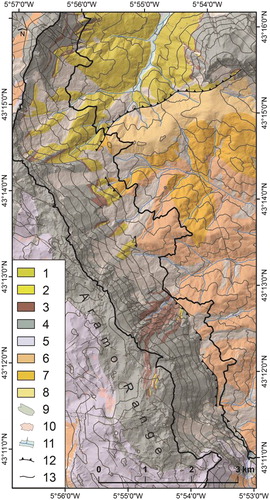 Figure 2. Geological map. (1) Rañeces-La Vid Group: dolomites, limestones, sandstones, shales and marlstones (Lower Devonian). (2) Ermita Formation: quartzite sandstones, microconglomerates and siltstones (Upper Devonian). (3) Cándamo-Baleas and Alba Formation: limestones (Upper Devonian - Carboniferous). (4) Barcaliente Formation: micritic limestones (Namurian Carboniferous). (5) Valdeteja Formation: bioclastic limestones (Namurian Carboniferous). (6) Lena Group: shales, sandstones, marlstones, limestones and coal (Moscovian Carboniferous). (7) Canales Formation: shales, sandstones and limestones (Moscovian Carboniferous). (8) Mieres Formation: quartzite conglomerates, sandstones, shales and coal. (Moscovian Carboniferous). (9) Mass movements. (10) Debris deposit. (11) Fluvial deposits. (12) Overthrusts. (13) Faults.