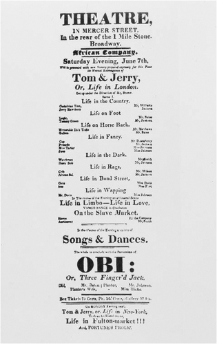 Figure 1. “Early 19th century African Grove Theatre playbill publicizing the production of Obi: Or the History of Three-Fingered Jack.” Schomburg Center for Research in Black Culture, Photographs and Prints Division, New York Public Library Digital Collections. Accessed November 7, 2022, https://digitalcollections.nypl.org/items/510d47db-c6ff-a3d9-e040-e00a18064a99.