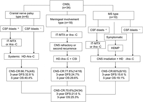 Figure 1. Tailored CNS-directed treatment strategies and the treatment outcome. CNS, central nervous system; CNSL, central nervous system leukemia; IT-MTX, intrathecal-methotrexate; Ara-C, cytarabine; CSI, cerebrospinal irradiation; HDMP, high-dose methylprednisolone; CNS-CR, CNS complete remission; DFS, disease-free survival; OS, overall survival. All patients underwent routine diagnostic lumbar puncture for CSF sampling and concomitantly received intrathecal (IT) cytarabine (50 mg) plus dexamethasone (5 mg) once CNS recurrence was suspected. CNS refractory disease is defined as failure to achieve a CNS-CR at the end of CNS directed treatment. CNS second recurrence is defined as the reappearance of blasts in CSF or development of clinical signs of CNS leukemia (e.g. facial nerve palsy, brain/eye involvement) after achievement of a CNS-CR.