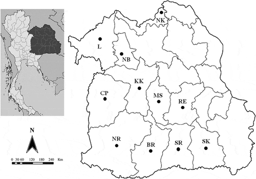 Figure 1. Geographical location sites of M. lanchesteri in Northeastern Thailand.
