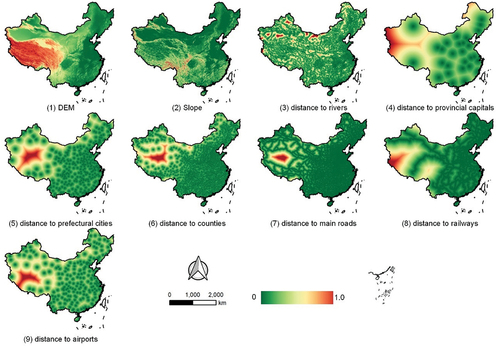 Figure 2. The natural environmental (DEM, slope, distance to rivers) and socioeconomic (distance to provincial capitals, distance to prefectural cities, distance to counties, distance to main roads, distance to railways, distance to airports) driving factors for evaluating urban development suitability.