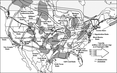 Figure 1. US Natural Gas Supply Basins Relative to Major Natural Gas Pipeline Transportation Corridors, 2008. This complicated and extensive network is necessary for the energy security of large and robust countries such as the US. Its extensive nature also makes it vulnerable to accidental and intentional disruption.