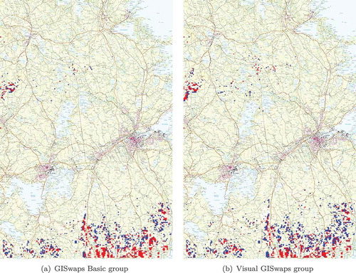 Figure 5. Maps over 10% highest ranked alternatives for GISwaps Basic and Visual GISwaps group, respectively. The highest ranked 5% plotted in red.