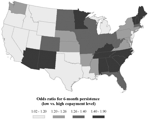 Figure 1.  Risk-adjusted comparison of 6-month persistence to medications with low versus high copayment by US state. Odds ratios >1 indicate that medications with low copayment are associated with a higher likelihood of 6-month persistence compared to those with high copayment.