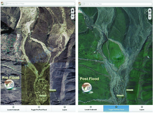 Figure 5 A pre- and post-image of region north of Kedarnath, showing heavy inflow with large amounts of silt. (Source: http://bhuvan-noeda.nrsc.gov.in/projects/flood/)