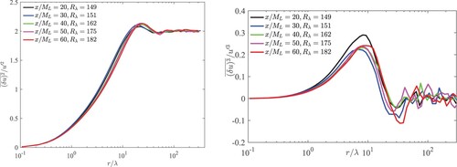 Figure 15. Distributions of (δu)2¯ and (δu)3¯ on the TSL centreline. The data are normalised by u′ and λ.