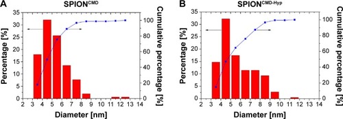 Figure 5 Magnetite particle distributions derived from measuring 200 particles of TEM images with the software ImageJ.Notes: The sizes for SPIONCMD ranged from 3.0 to 9.0 nm and had a mean value of 4.5±1.0 nm (A). The sizes for SPIONCMD-Hyp ranged from 3.0 to 10.0 nm and had a mean value of 4.6±1.0 nm (B).Abbreviations: TEM, transmission electron microscopy; SPIONCMD, functionalized dextran-coated SPIONs; SPION, superparamagnetic iron oxide nanoparticle; SPIONCMD-Hyp, hypericin linked to SPIONCMD.