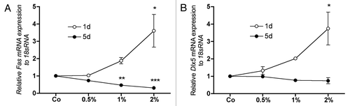 Figure 3. The impact of DMSO treatment on the mRNA expression of Fas and Dlx5 in MC3T3-E1 cells. mRNA expression of the apoptosis inducer Fas was clearly and dose dependently upregulated after 1 d of treatment. After 5 d, the effect was reversed (A). The early osteoblastic differentiation factor Dlx5 was concentration dependently upregulated by DMSO after 1 d whereby significance was reached at 2% DMSO in medium. At day 5, expression of Dlx5 was generally unaffected by DMSO treatment. To analyze mRNA expressions, RNA was isolated and analyzed by qRT-PCR. Gene expressions were normalized to 18S rRNA. Treated probes are referred as fold change to untreated control (Co). Results are represented as mean +/− SD *p < 0.05 **p < 0.01, ***p < 0.001, n = 3. Significances were calculated by one-way ANOVA.