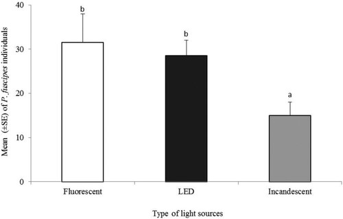 Figure 4. The cumulative response rate of P. fuscipes towards three types of light sources among fluorescent, LED and incandescent light sources using binomial test designs. Scale bar with the same letters showed no significant differences (Tukey’s HSD; P > 0.05).