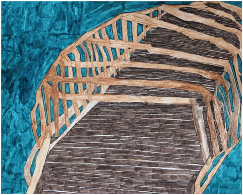 Caption: Artwork 4: Batavia Fox River Bridge.Image description: A drawing of a brown wooden fence with awnings that connect from side to side. The bridge is enveloped in a turquoise watery background.