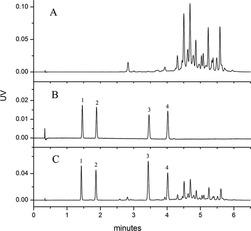 Figure 7. UHPSFC chromatograms of (A) blank sample, (B) standard Sudan I–IV, and (C) blank sample spiked with standard Sudan I–IV.Figura 7. Cromatogramas UHPSFC de (A) muestra en blanco, (B) Sudán I–IV estándar, y (C) muestra en blanco enriquecida con Sudán I–IV estándar