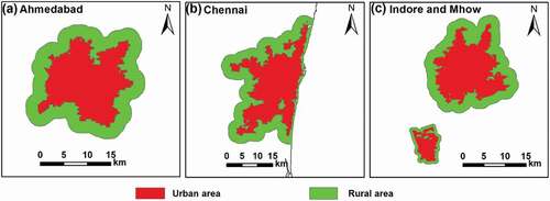 Figure 2. Schematic diagram of selection of urban and rural areas, using (a) Ahmedabad as larger patch city, (b) Chennai as coastal patch city, and (c) comparison of large Indore and small Mhow city together with different width of rural buffer