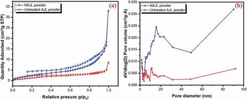 Figure 4. N2 adsorption–desorption isotherms of the untreated AJL powder and NAJL powder (a) and corresponding distributions of pore diameters (b)