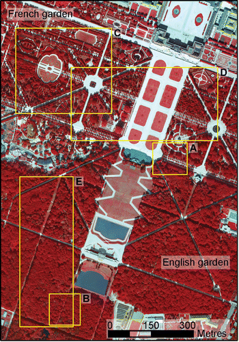 Figure 3 Colour‐infrared image of Schönbrunn Park. In the northern part the so‐called French garden can be seen. The forest in the southern part of the park area is referred to as the English garden. The yellow boxes indicate test and validation areas: A, area shown in figure 4 (110 m×110 m); B, area shown in figure 5 (110×110 m); C, area shown in figure 10 (340 m×300 m); D, validation area in the French garden (515 m×255 m); and E, validation area in the English garden (190 m×525 m).
