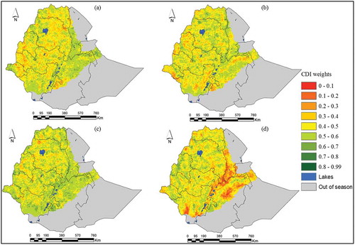 Figure 7a. The spatial patterns of weights/coefficients for (a) LST, (b) stdNDVI, (c) SPI and (d) SM during the main rainy season (Kiremt).