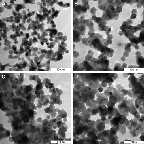 Figure 5 TEM images of (A) (CdO)0.20 (ZnO)0.80, (B) (CdO)0.40 (ZnO)0.60, (C) (CdO)0.60 (ZnO)0.40, and (D) (CdO)0.80 (ZnO)0.20 nanoparticles calcined at 600°C.Abbreviations: TEM, transmission electron microscopy; CdO, cadmium oxide; ZnO, zinc oxide.