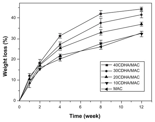 Figure 6 Weight loss of the nano calcium-deficient hydroxyapatite-multi(amino acid) copolymer (CDHA/MAC) composite after soaking in phosphate-buffered solution with time.Abbreviation: MAC, multi(amino acid) copolymer.