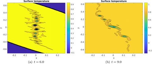 Figure 10. Zoom on the central region of figure 1 at time t = 6.0 and t = 9.0; row of small vortices in the core of the large merged vortex. The black lines indicate the various levels of surface temperature, separating the various colours. (a) t = 6.0 and (b) t = 9.0 (Colour online).