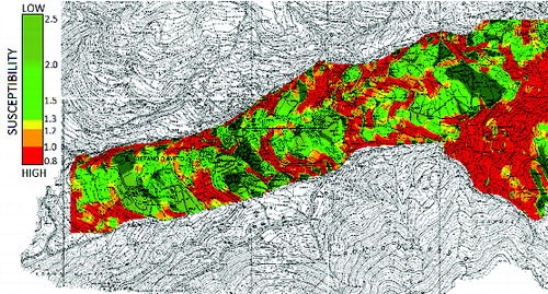 Figure8. Landslide susceptibility map relative to the analysed rainfall event occurred during November 2007; red and light green colours indicate high (Fs < 1) and low (Fs > 1.3) susceptibility, respectively.