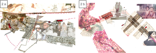 Figure 2. a. Mahmoud’s map included the boundaries of the village and showed the main routes to Aleppo (the closest city). It also included a photograph of his wedding focusing on the community relevance of that event in his village. b. Basma’s map reflected the dichotomy of freedom and oppression of women through her choice of photos showing her as a liberal Iraqi while reflecting on the close-knit spatial context of her dense urban environment.