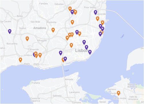 Figure 1. Map of selected large-scale housing projects, under construction (orange) and in planning stages (purple). Source: Compiled by author using Google Maps.Note: To access the online version of this map with labels: https://www.google.com/maps/d/edit?mid=1DR4bI1qwAAzTRARwXDzcgZppnoNn1Zc&usp=sharing