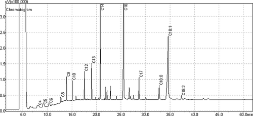 Figure 1 A representative gas chromatogram of free fatty acid extracted from Canak cheese and internal standards (C5, C9, C13, and C17) used.