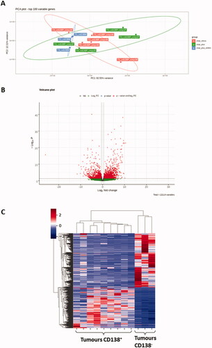 Figure 5. Transcriptome analysis of CD138+ and CD138- B-cell lymphomas. (A) Principal component analysis (PCA) of RNA-Seq gene expression data from 9 CD138+ (in red and green) and 3 CD138− (in blue) B-cell lymphomas. The location of 5 c-myc- CD138+ B-cell lymphomas is indicated in red. The location of 4 c-myc+ CD138+ B-cell lymphomas is indicated in green. (B) Volcano plot of differential gene expression in CD138+ and CD138− B-cell lymphoma samples. Up-regulated (in red) and down-regulated (in green) genes are shown. (C) Heat map of 100 most variable gene expressions across B-cell lymphoma samples (9 CD138+ and 3 CD138−); hierarchical clustering of genes/samples according to Pearson’s correlation metric and Ward’s method.