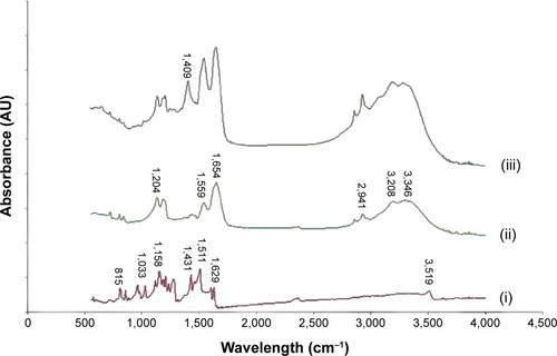 Figure 6 Fourier transform infrared spectra of (i) solid-state plain curcumin, (ii) pure amphiphilic nanoparticles, and (iii) curcumin-loaded amphiphilic nanoparticles.Abbreviation: AU, absorbance units.