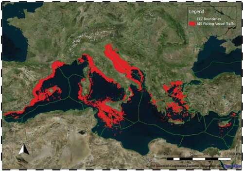 Figure 11. Map of fishing vessels traffic in the Mediterranean Sea (Vespe et al., Citation2016)