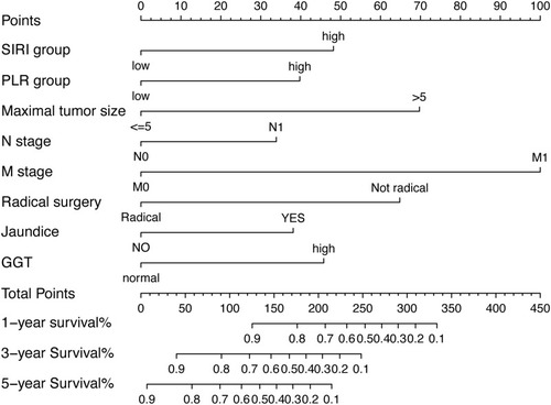 Figure 3 Prognostic nomogram for predicting 1-, 3-, and 5-year overall survival probability based on the systemic inflammation response index (SIRI) group, the platelet-to-lymphocyte ratio (PLR) group, maximal tumor size, N stage, M stage, radical surgery, jaundice, and γ-glutamyl transpeptidase (GGT) level in patients with cholangiocarcinoma.