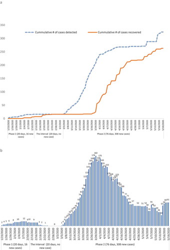 Figure 2. (a) Cumulative number of COVID-19 cases detected and recovered in Vietnam (as of May 18th, 2020). (b) Number of currently positive COVID-19 cases in Vietnam (as of May 18th, 2020).