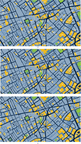 Figure 11. Text labeling performed with: a) optimization method (QGIS-PAL), b) CycleGAN, and c) Pix2Pix.