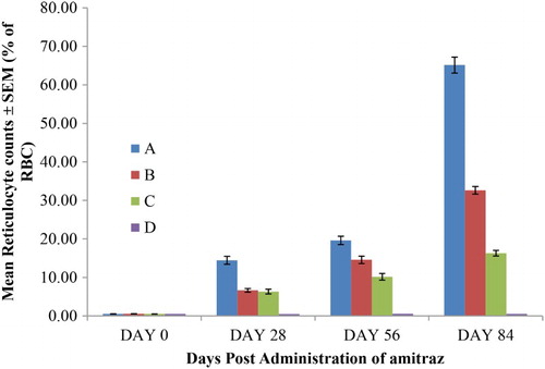 Figure 4. The RTC of rats given oral sub-chronic amitraz administration (range = 0–2% of RBC). Group A treated with amitraz at the dosage of 10.0 mg/kg body weight. Group B treated with amitraz at the dosage of 2.0 mg/kg body weight. Group C treated with amitraz at the dosage of 0.4 mg/kg body weight. Group D treated with water at the dosage of 10.0 mL/kg. Treatment was done daily using the oral route and a total of four different observations were made.