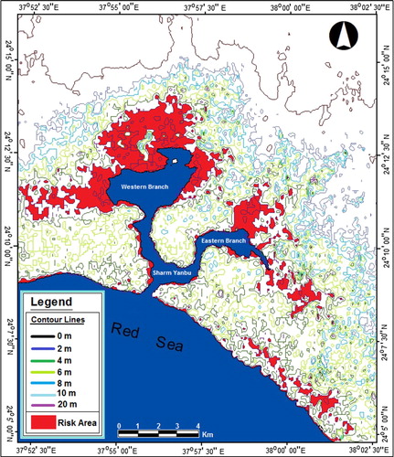 Figure 2. Contour map and risk areas of the study area.