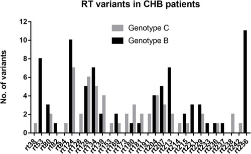 Figure 1 RT variants in genotype B and C HBV infected patients.Abbreviations: RT, reverse transcriptase; CHB, chronic hepatitis B; HBV, hepatitis B virus.