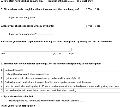 Figure S1 Cohort and control group questionnaire.Notes: A Swedish version of this questionnaire was used for 26, 30, and 34-year follow-ups and the current follow-up, and was translated (by a professional translator) to English at the 30-year follow-up. At that follow-up we removed a question and added two new ones.