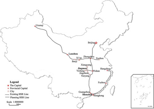 Figure 2. The locations and HSR lines of Shenzhen, Lanzhou and Jingmen (Source: the authors)