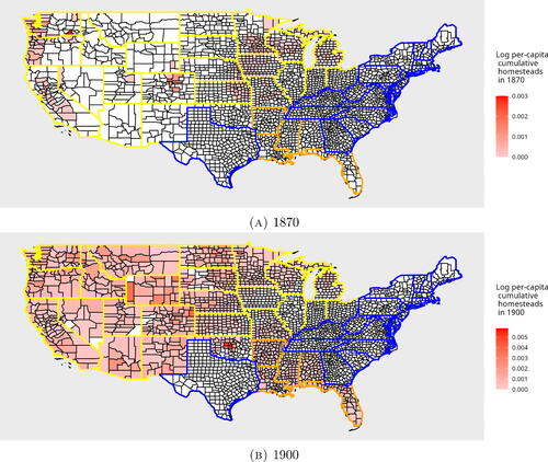 Fig. 1 Log per-capita cumulative homesteads in 1870 and 1900, overlaid on 1911 county borders (Long Citation1995). White-colored counties have no homestead entries. States bordered in blue (⊡) are state land states; yellow (⊡) denote western public land states; orange (⊡) denote southern public land states.