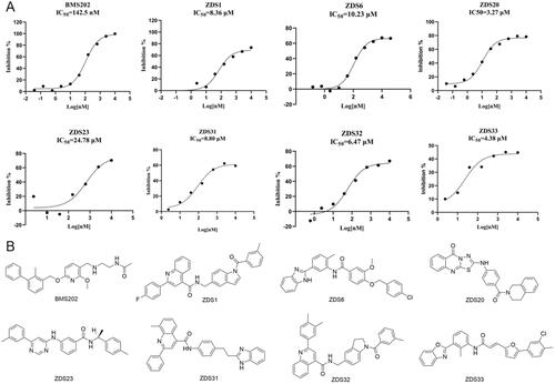 Figure 5. (A) PD-1/PD-L1 blockade effect of seven selected compounds. BMS202 was chosen as a positive control. (B) Structures of seven predicted compounds and BMS202.