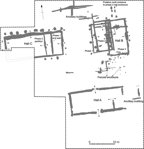 fig 4 Plan of the 7th-century great hall complex; arrows mark the position of entrances. Illustration by Lyminge Archaeological Project.