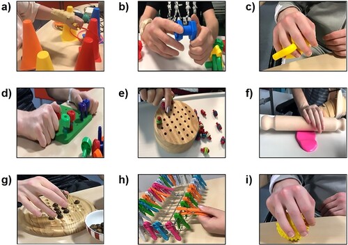 Figure 2 Examples of exercises used in physical practice as part of both experimental and control intervention: (a) reach and grasp, (b) hand manipulation (rotation), (c) increasing grip strength and finger flexion, (d) lateral tripod grasp, (e) fine motor skills, (f) hand strength and wrist extension, (g) pincer grasp, (h) lateral pinch, and (i) power grip