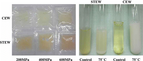 Figure 1   Visual changes in STEW and CEW after treatments with high temperature or high pressure. Left: pressure treatment; Right: heating treatment.
