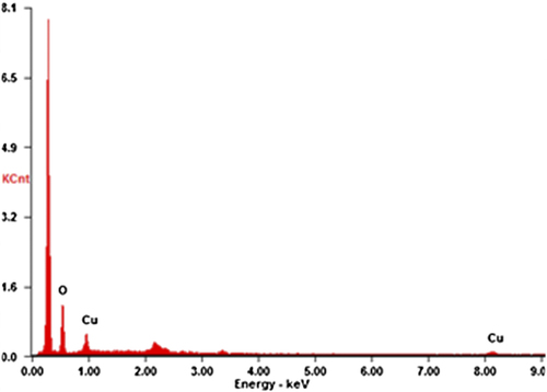 Figure 3. SEM–EDS spectra of CuONPs. A strong peak at 1 and 8 keV confirm the presence of Cu.