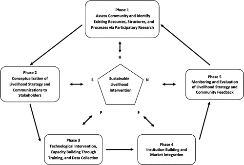 Figure 2. Proposed process for community-level integrated farming system intervention that incorporates established livelihood frameworks and project phases as a cyclic adaptation of the standard sustainable livelihood framework.