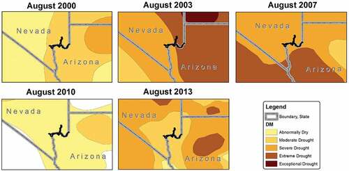 Figure 10. US Drought Monitor Maps in the Lake Mead area (August 2000, 2003, 2007, 2010, and 2013)