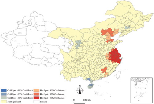 Figure 3 Hot spot analysis of LFDI distribution in China (2018).